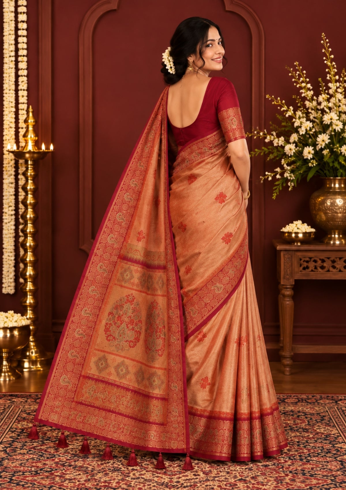 Silk Tulasi in Peach - Gold base with Rich Maroon border