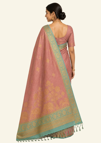 Coral Pink Ambari Silk Saree with Zari works