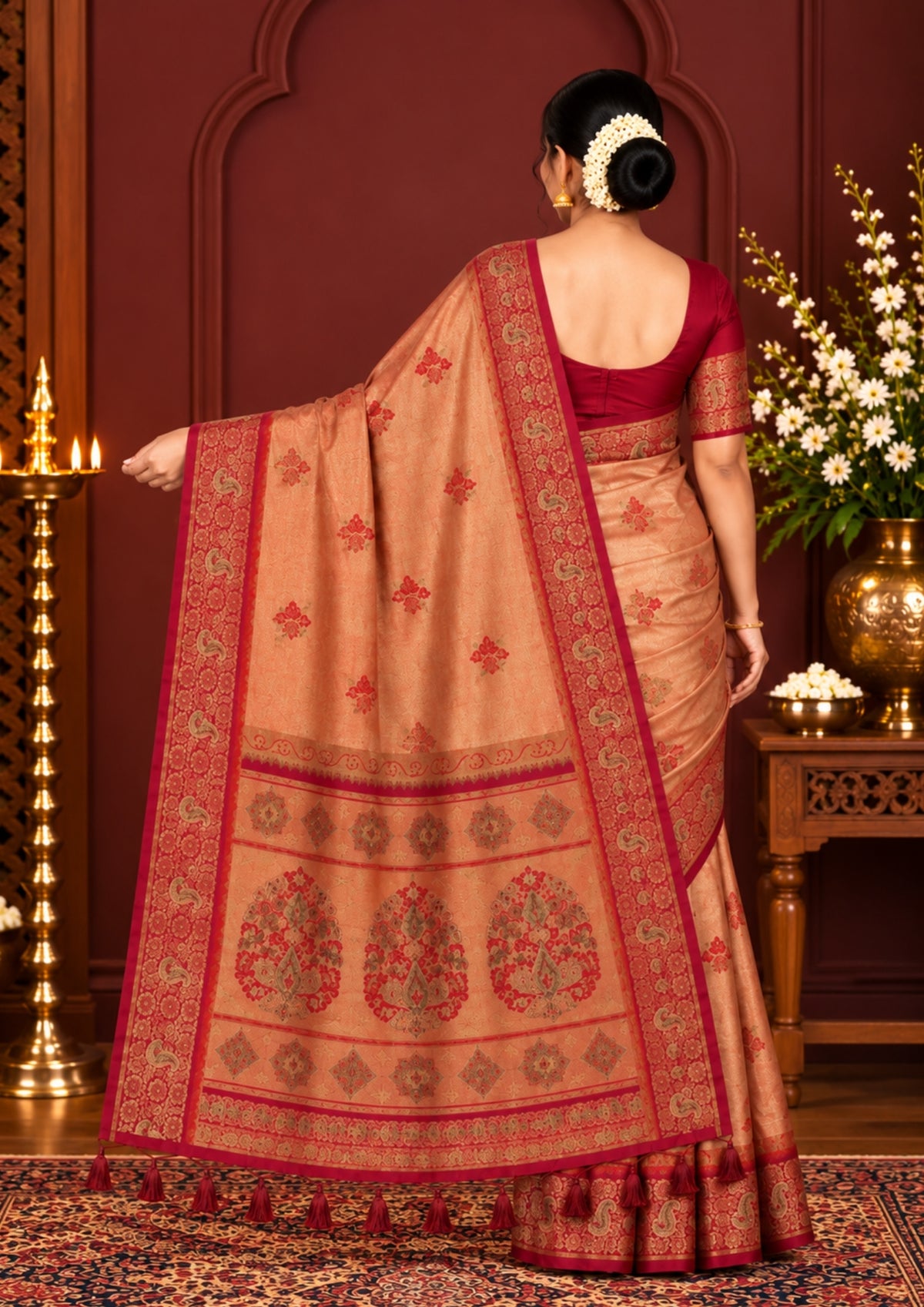 Silk Tulasi in Peach - Gold base with Rich Maroon border