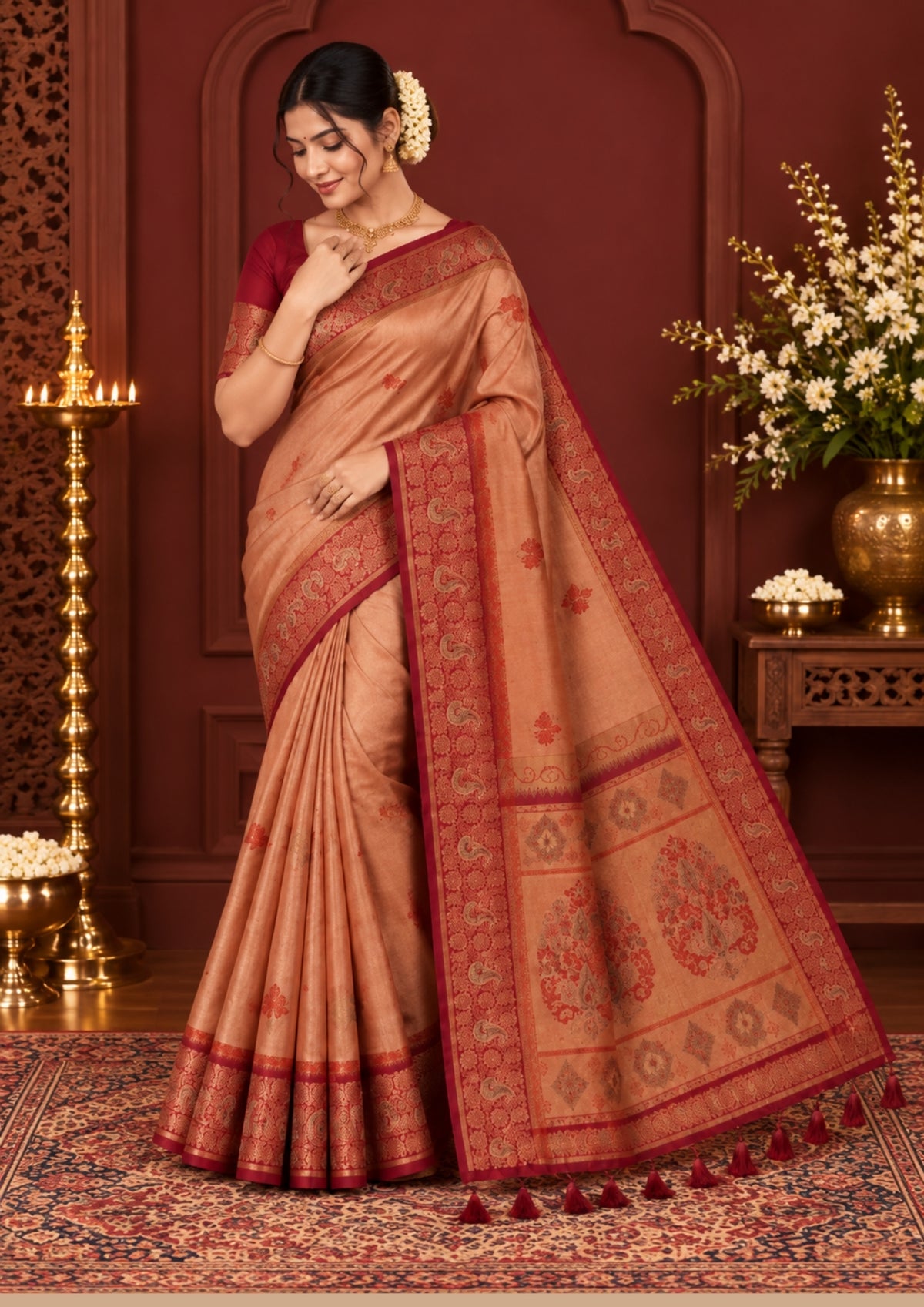 Silk Tulasi in Peach - Gold base with Rich Maroon border