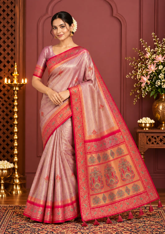 Silk Tulasi in Peach - Pink Base with Vibrant Red border