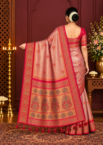 Silk Tulasi in Peach - Pink Base with Vibrant Red border