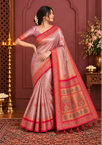Silk Tulasi in Peach - Pink Base with Vibrant Red border