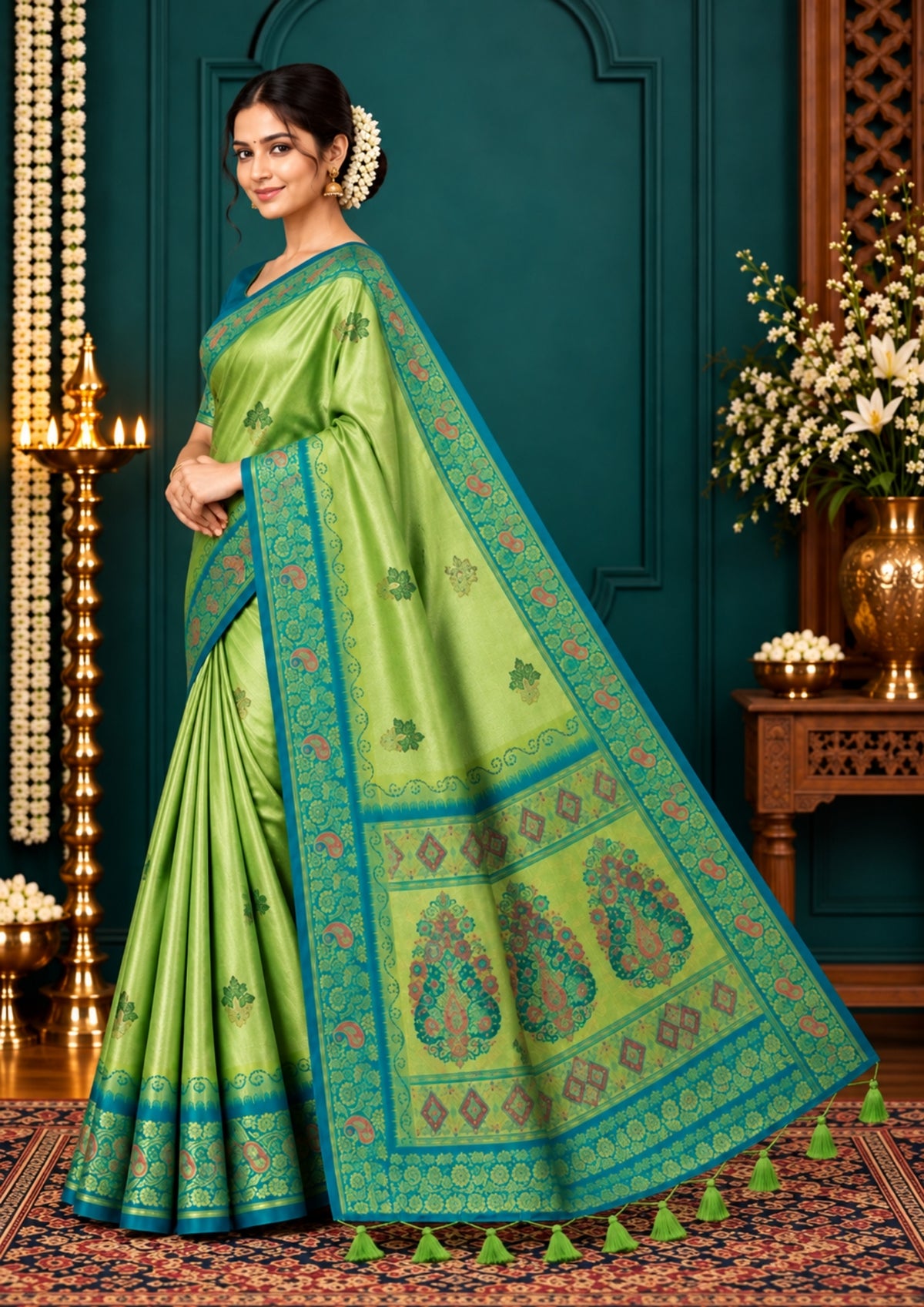 Silk Tulasi in Radiant Light Green with Teal Blue border