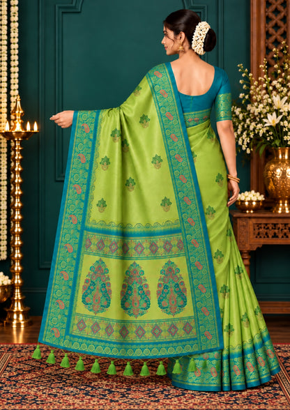 Silk Tulasi in Radiant Light Green with Teal Blue border