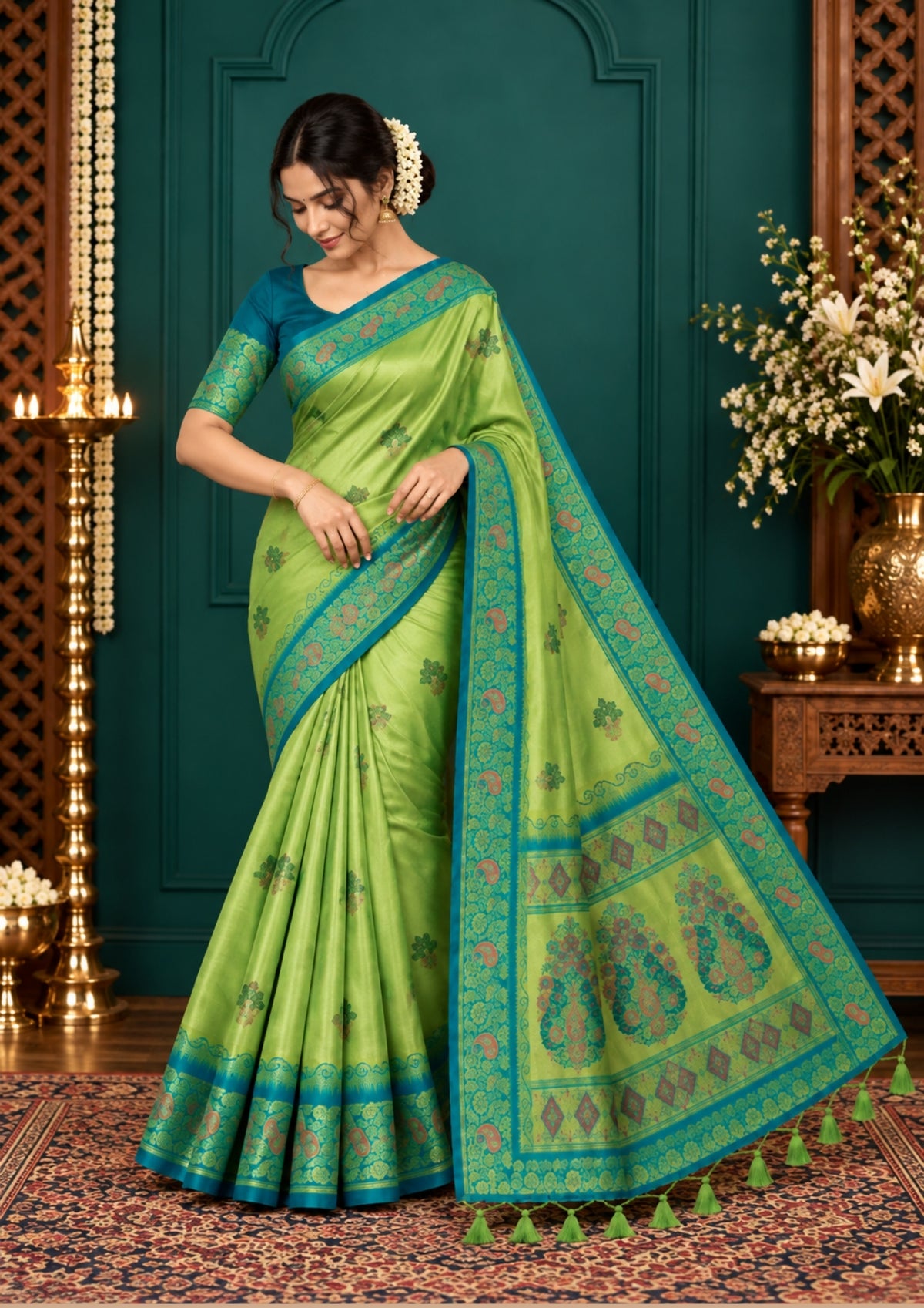 Silk Tulasi in Radiant Light Green with Teal Blue border