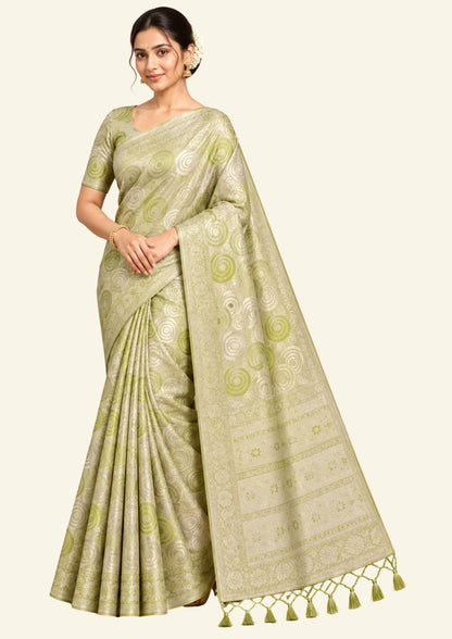 Soothing light olive green shade Suhani Silk with a subtle golden sheen