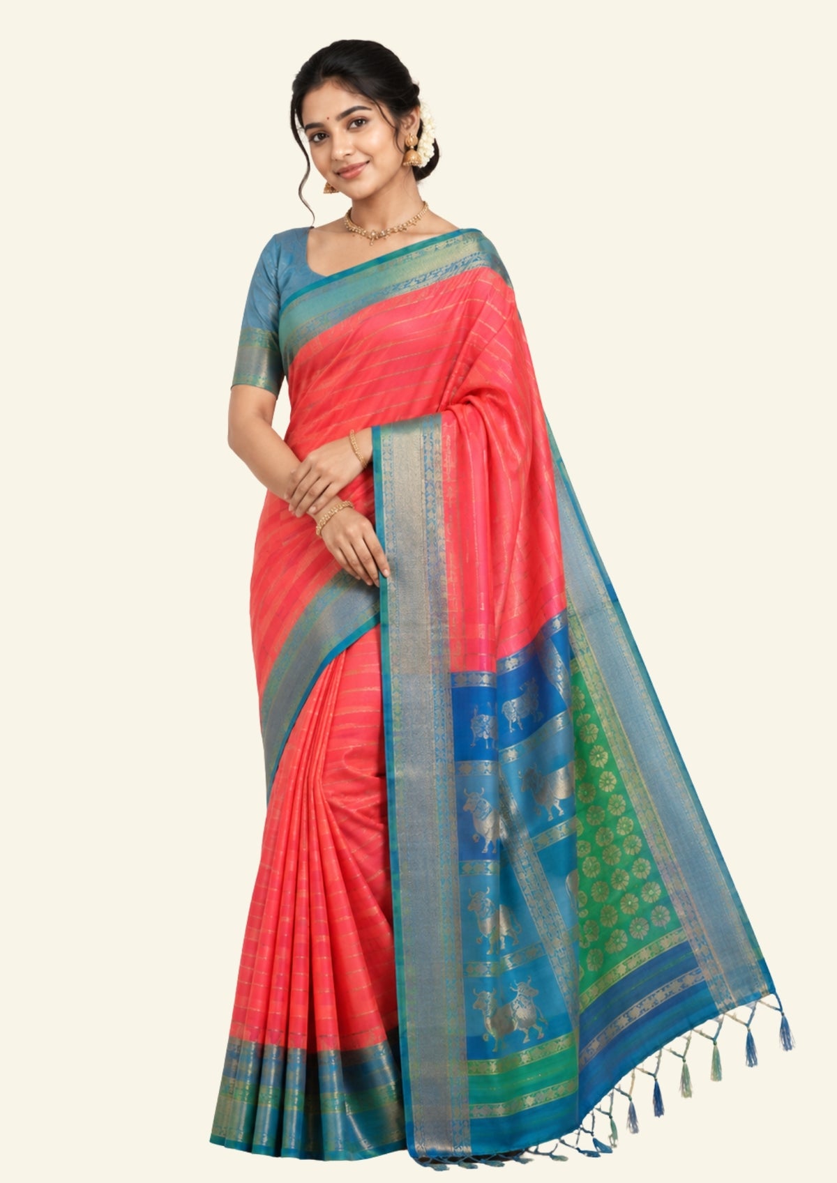 Coral Pink Gokul Tussar with Blue and Green border