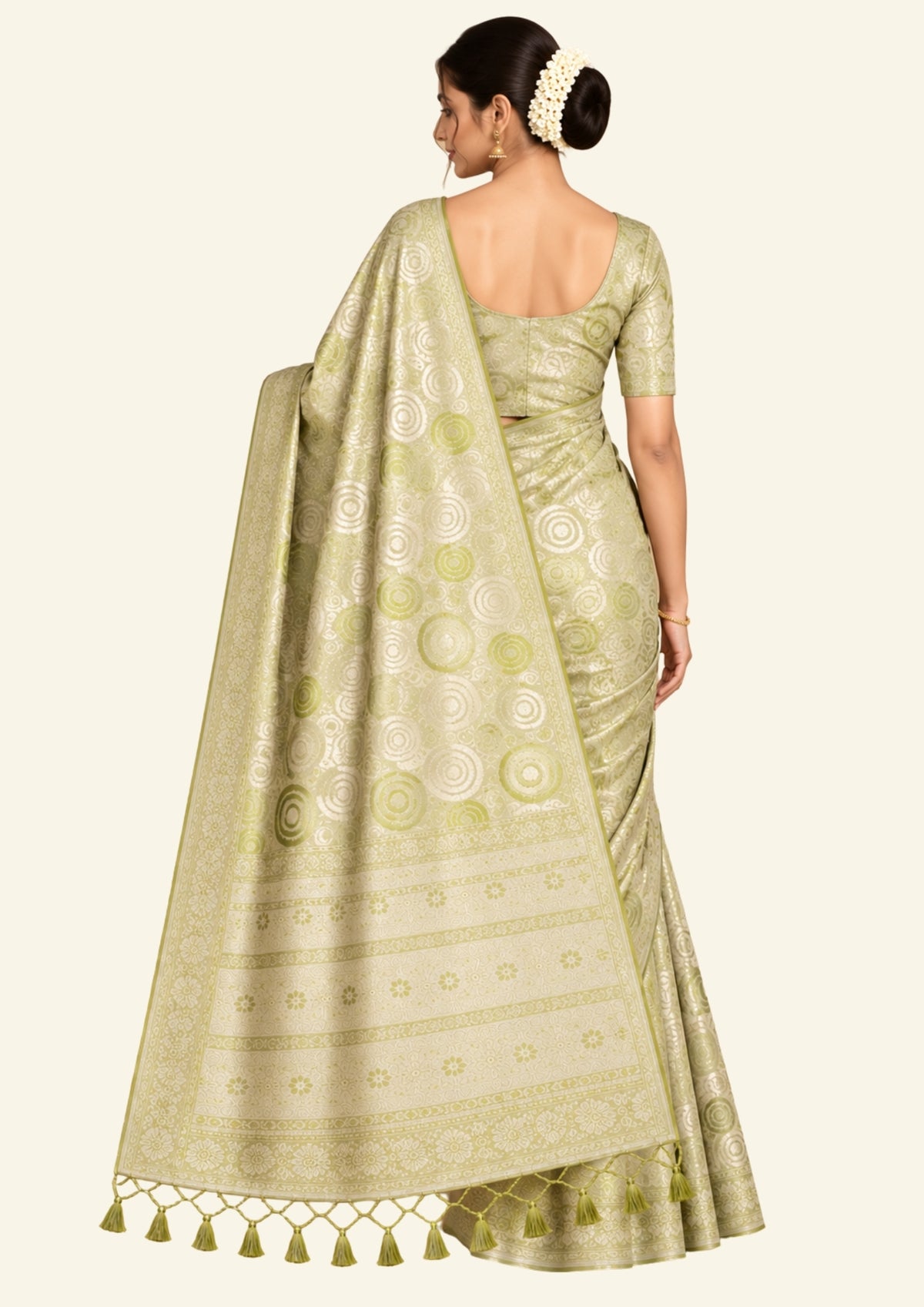 Soothing light olive green shade Suhani Silk with a subtle golden sheen