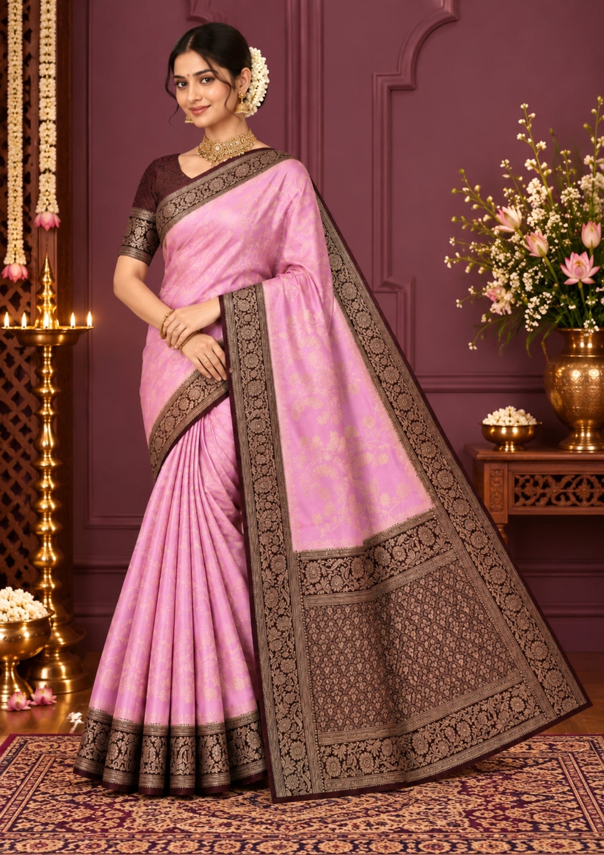 Soft Rose Mahalakshmi Viscose silk saree with Deep Maroon contrast