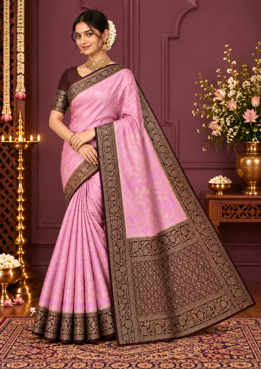 Soft Rose Mahalakshmi Viscose silk saree with Deep Maroon contrast