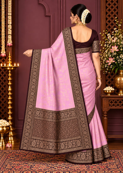 Soft Rose Mahalakshmi Viscose silk saree with Deep Maroon contrast
