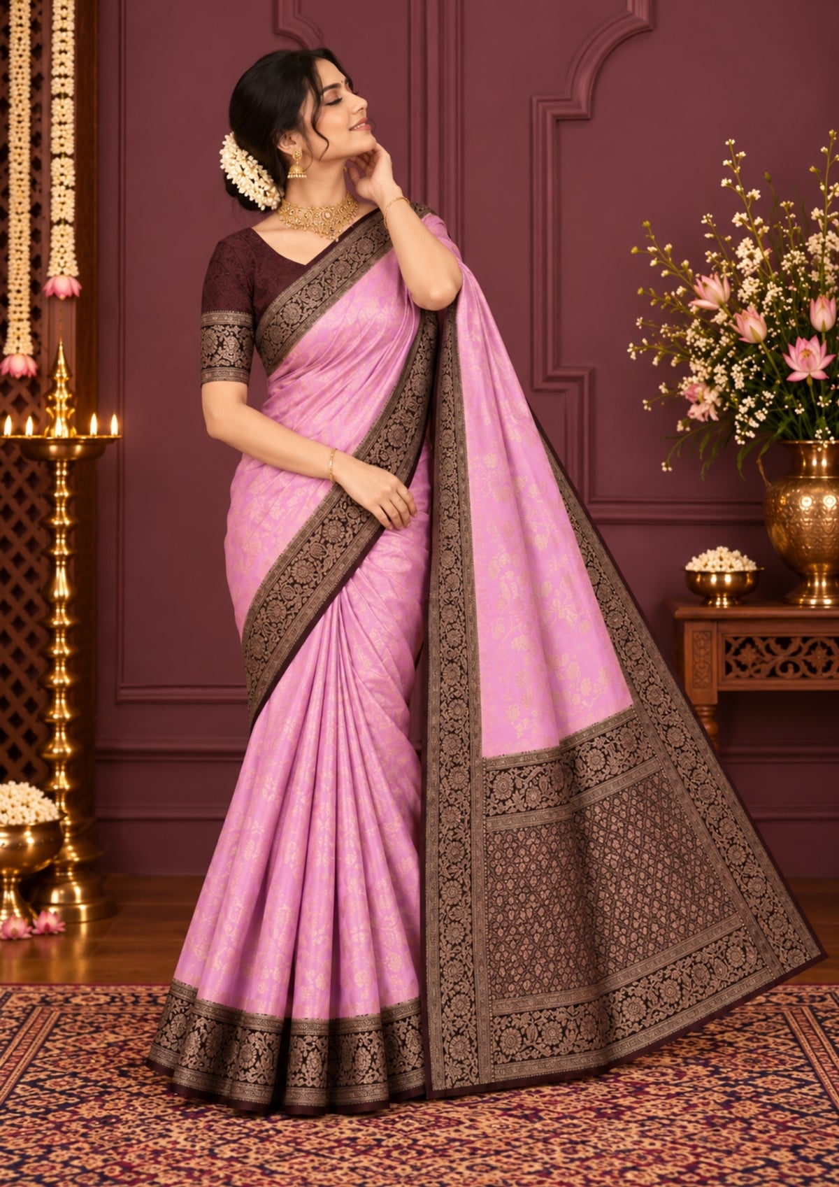 Soft Rose Mahalakshmi Viscose silk saree with Deep Maroon contrast
