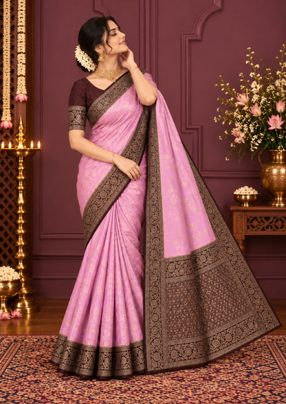 Soft Rose Mahalakshmi Viscose silk saree with Deep Maroon contrast