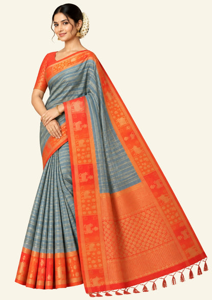 Subtle Grey Gokul Tussar with Red and Orange border.