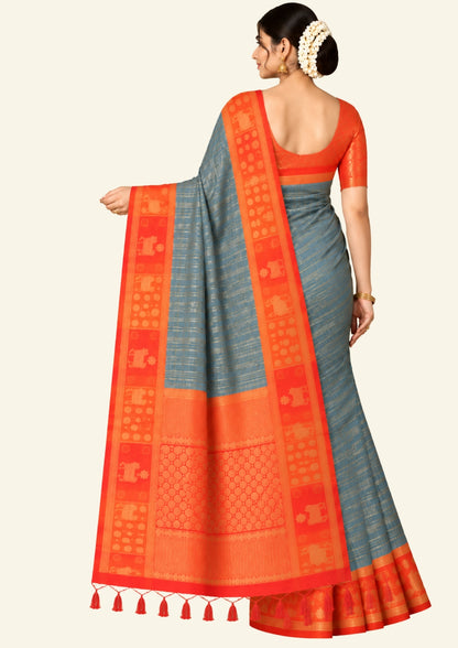 Subtle Grey Gokul Tussar with Red and Orange border.