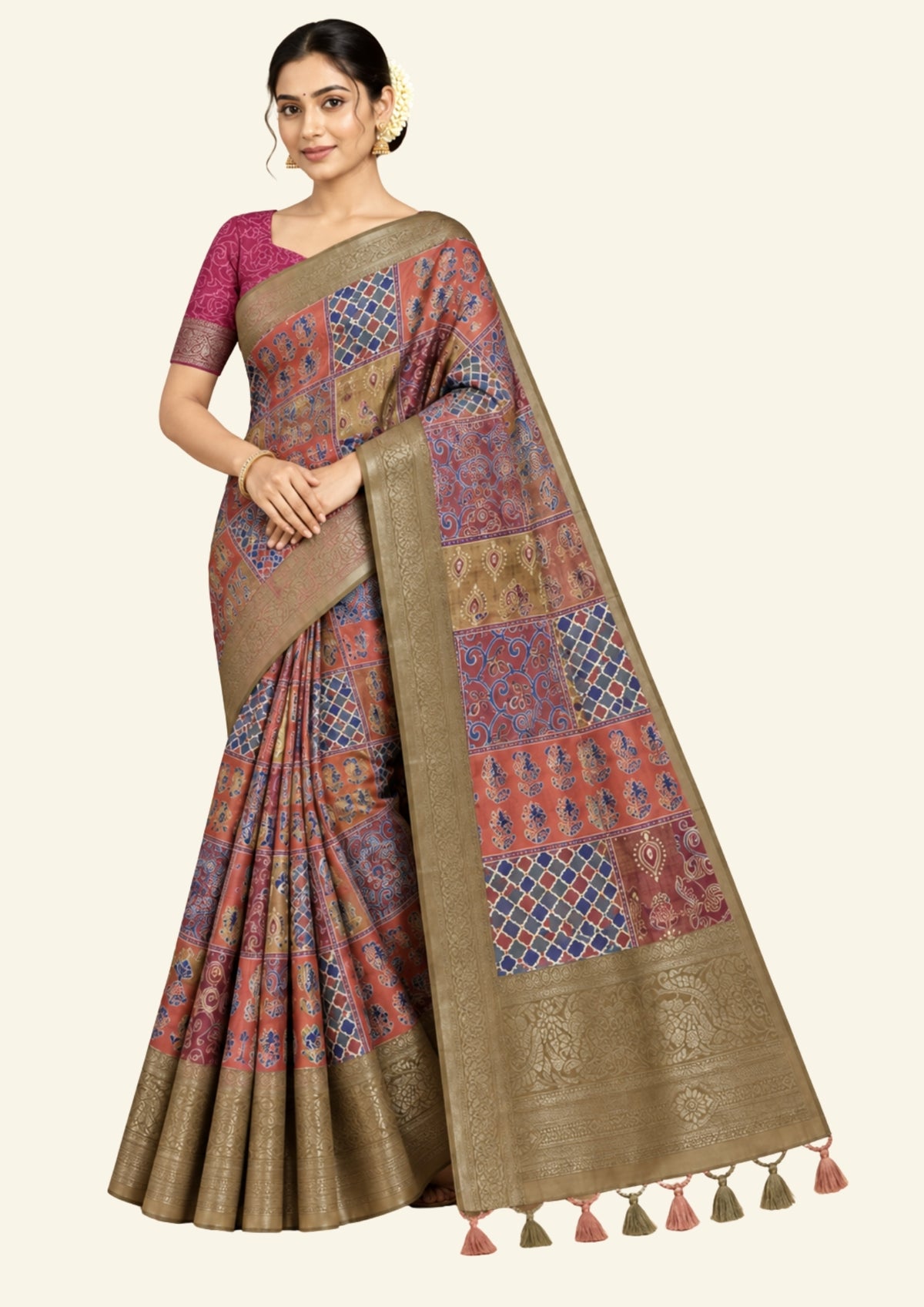 Tanvi in Multicoloured pattern with hues of Maroon, Gold, Navy Blue and Rust