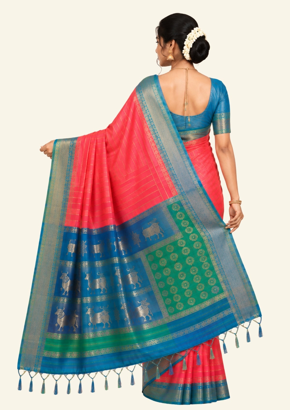 Coral Pink Gokul Tussar with Blue and Green border