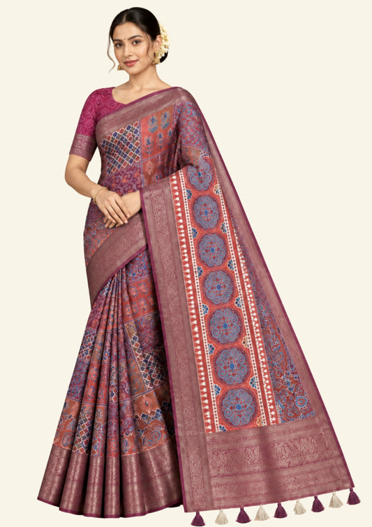 Tanvi in Multicoloured patterns in Rich Maroon Base with hues of Blue, White and Orange