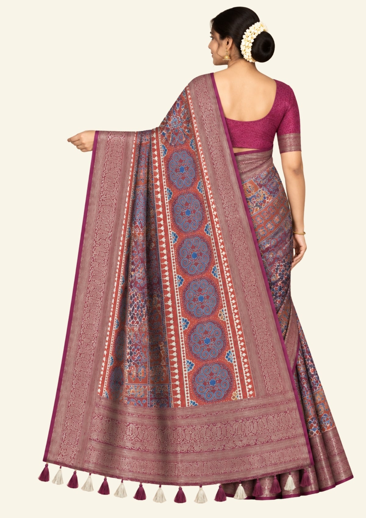 Tanvi in Multicoloured patterns in Rich Maroon Base with hues of Blue, White and Orange