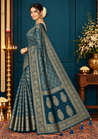 Tarani Silk saree in deep navy blue shade with a rich golden zari weave.