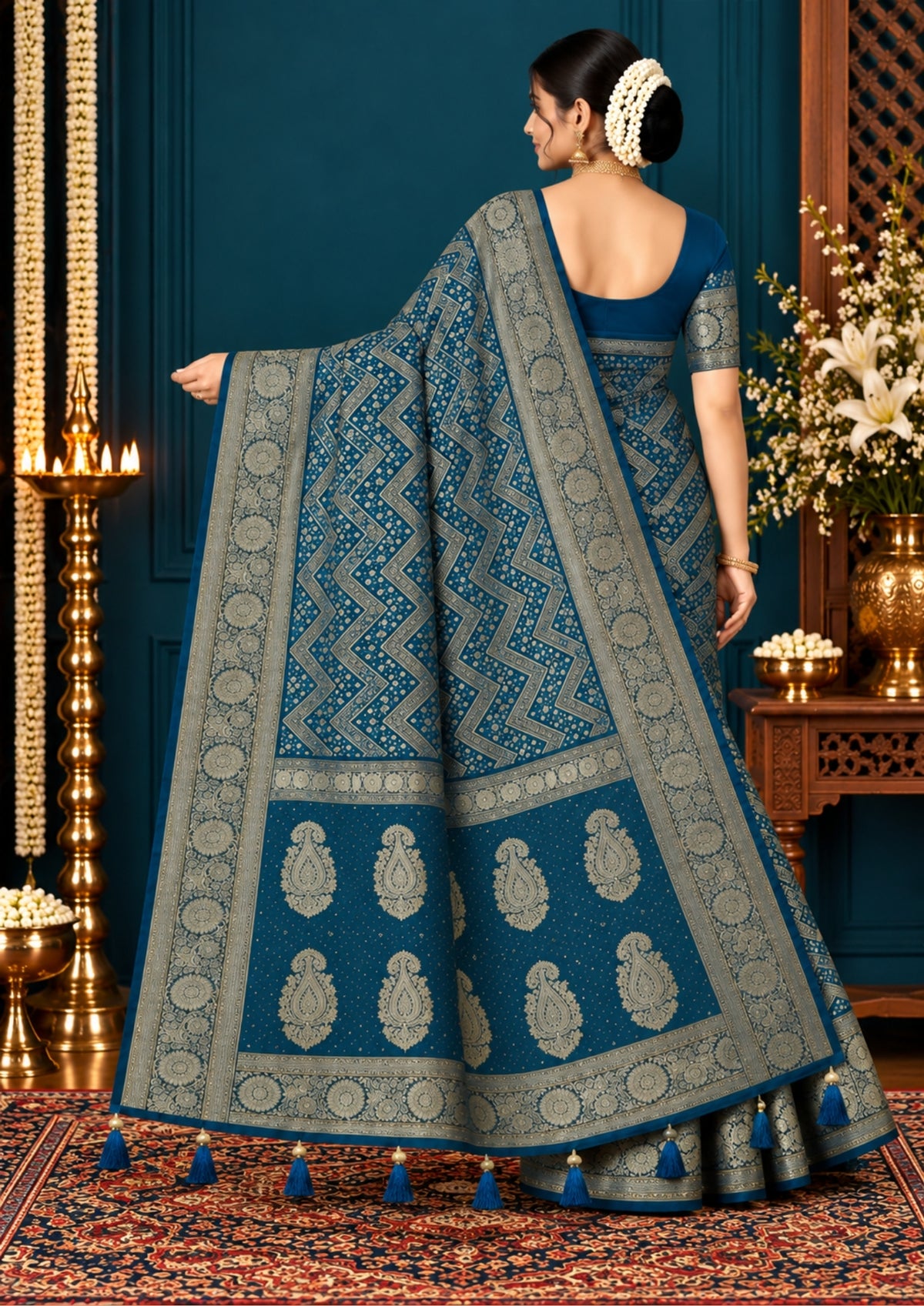 Tarani Silk saree in deep navy blue shade with a rich golden zari weave.