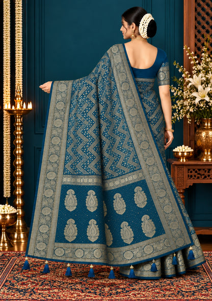 Tarani Silk saree in deep navy blue shade with a rich golden zari weave.