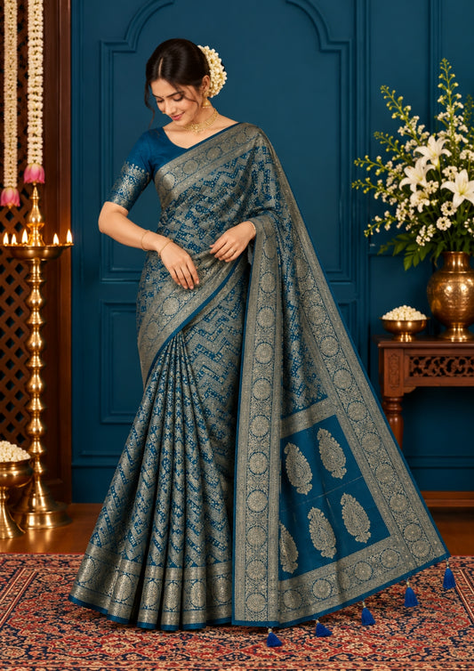 Tarani Silk saree in deep navy blue shade with a rich golden zari weave.