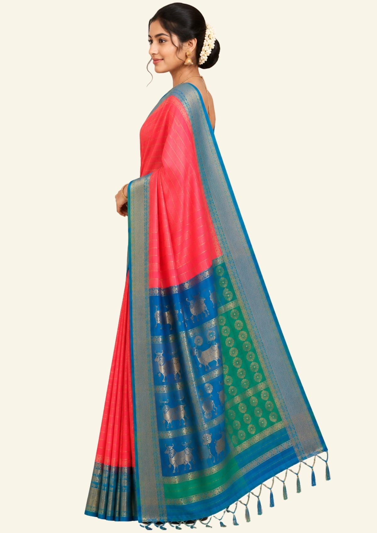 Coral Pink Gokul Tussar with Blue and Green border