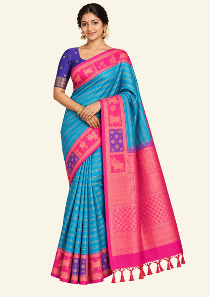 Teal Blue Gokul Tussar with pink and purple border