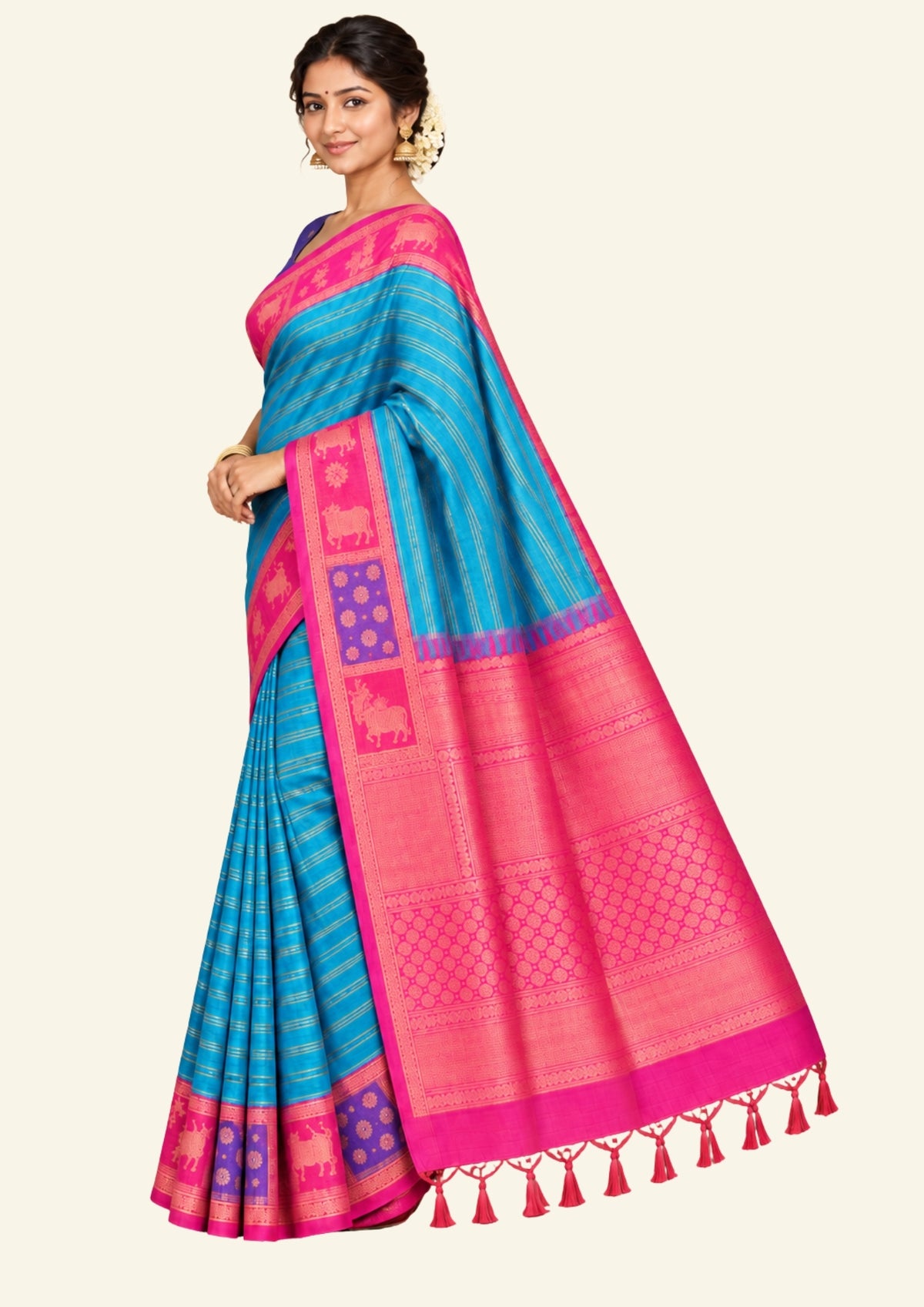 Teal Blue Gokul Tussar with pink and purple border