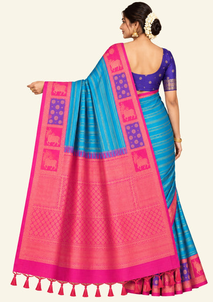 Teal Blue Gokul Tussar with pink and purple border