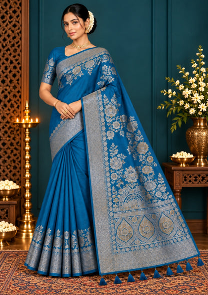 Teal Madhur Sangam silk saree with Gold Zari