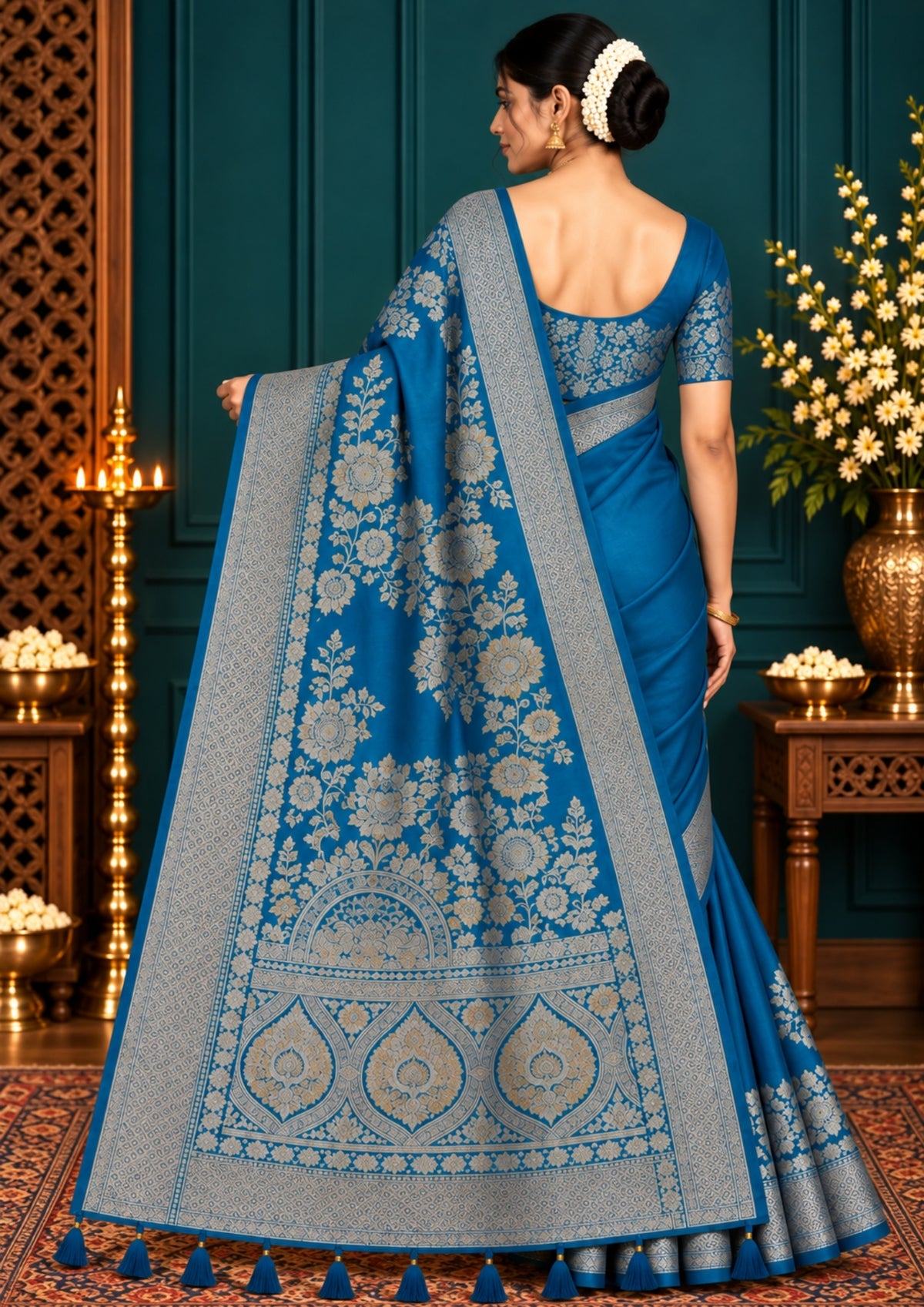 Teal Madhur Sangam silk saree with Gold Zari
