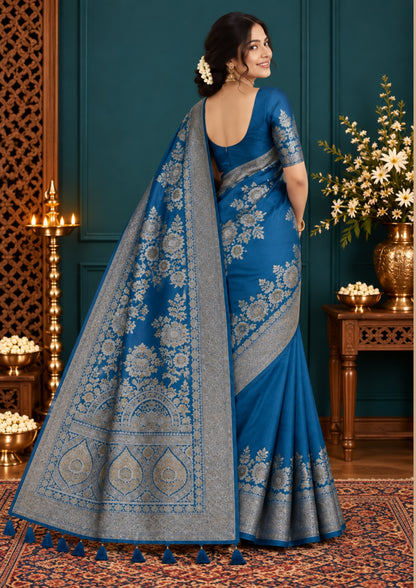 Teal Madhur Sangam silk saree with Gold Zari