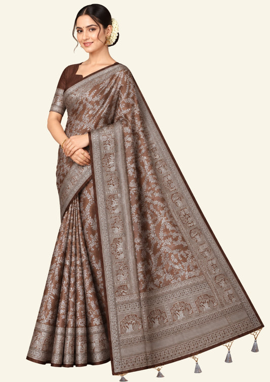 Thara Silk in Rich Chocolate Brown Base with Floral works