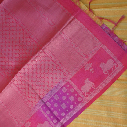 Mustard yellow Gokul Tussar with pink border