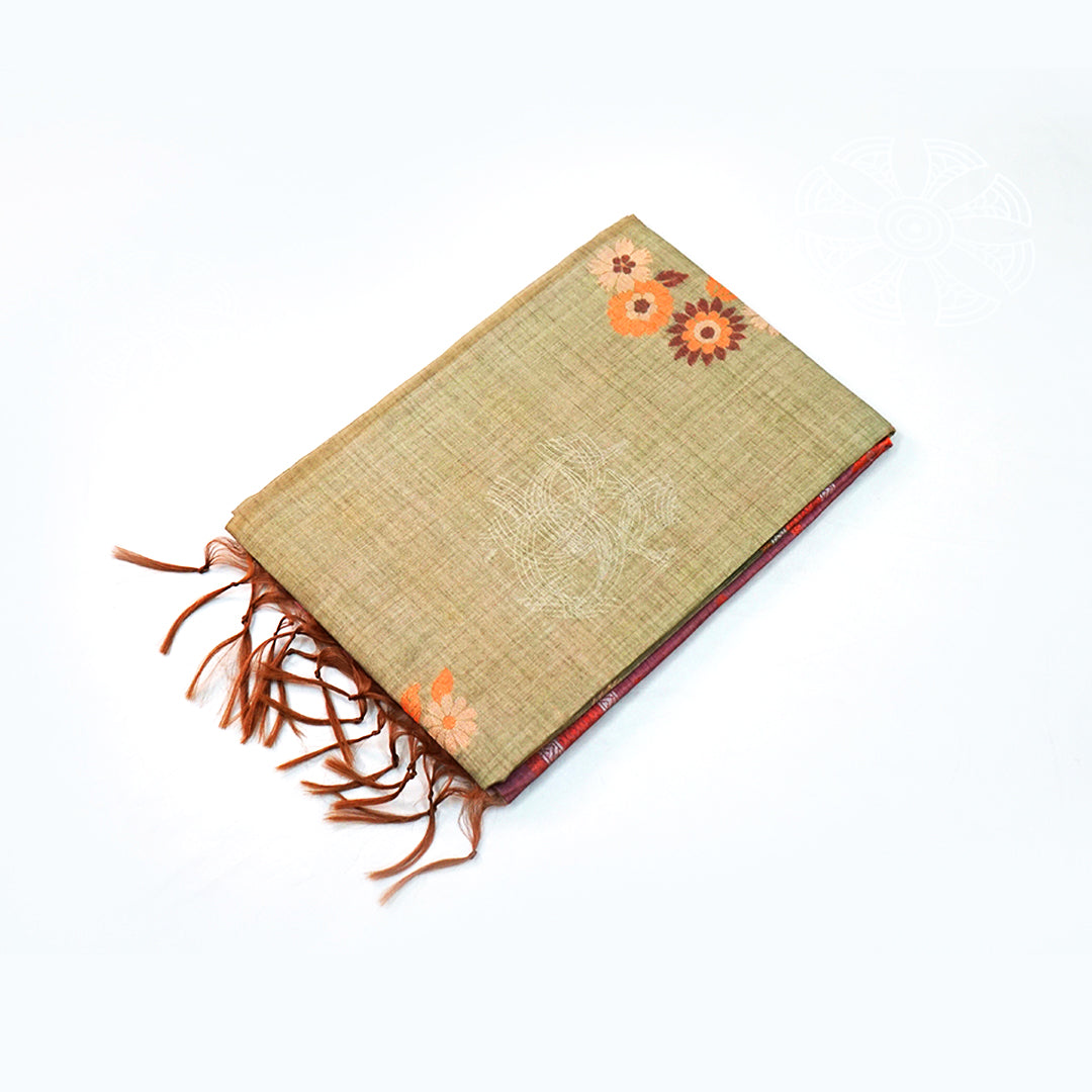 Olive green Palayam Silk Tussar with Copper and Mauve border