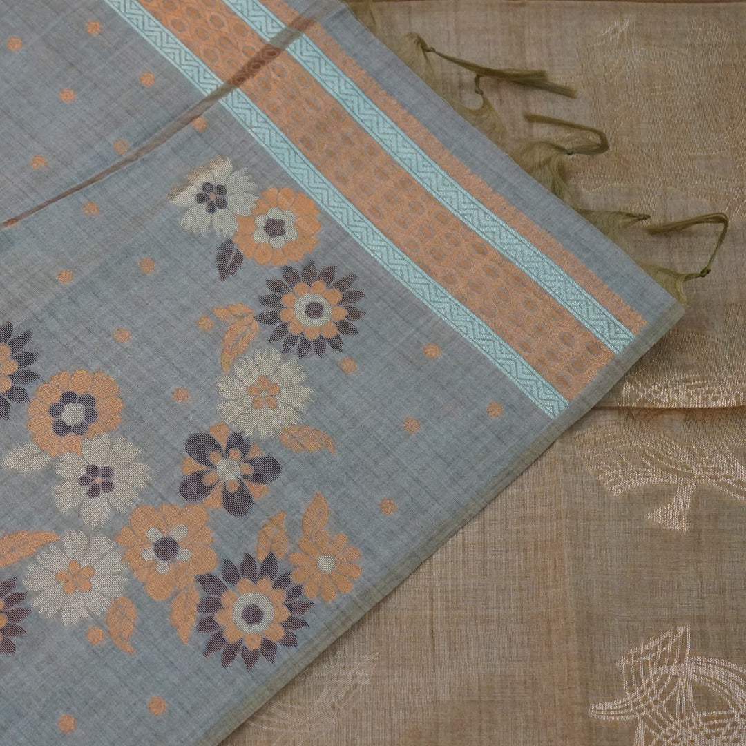 Warm brown Palayam Silk Tussar with soft grey border
