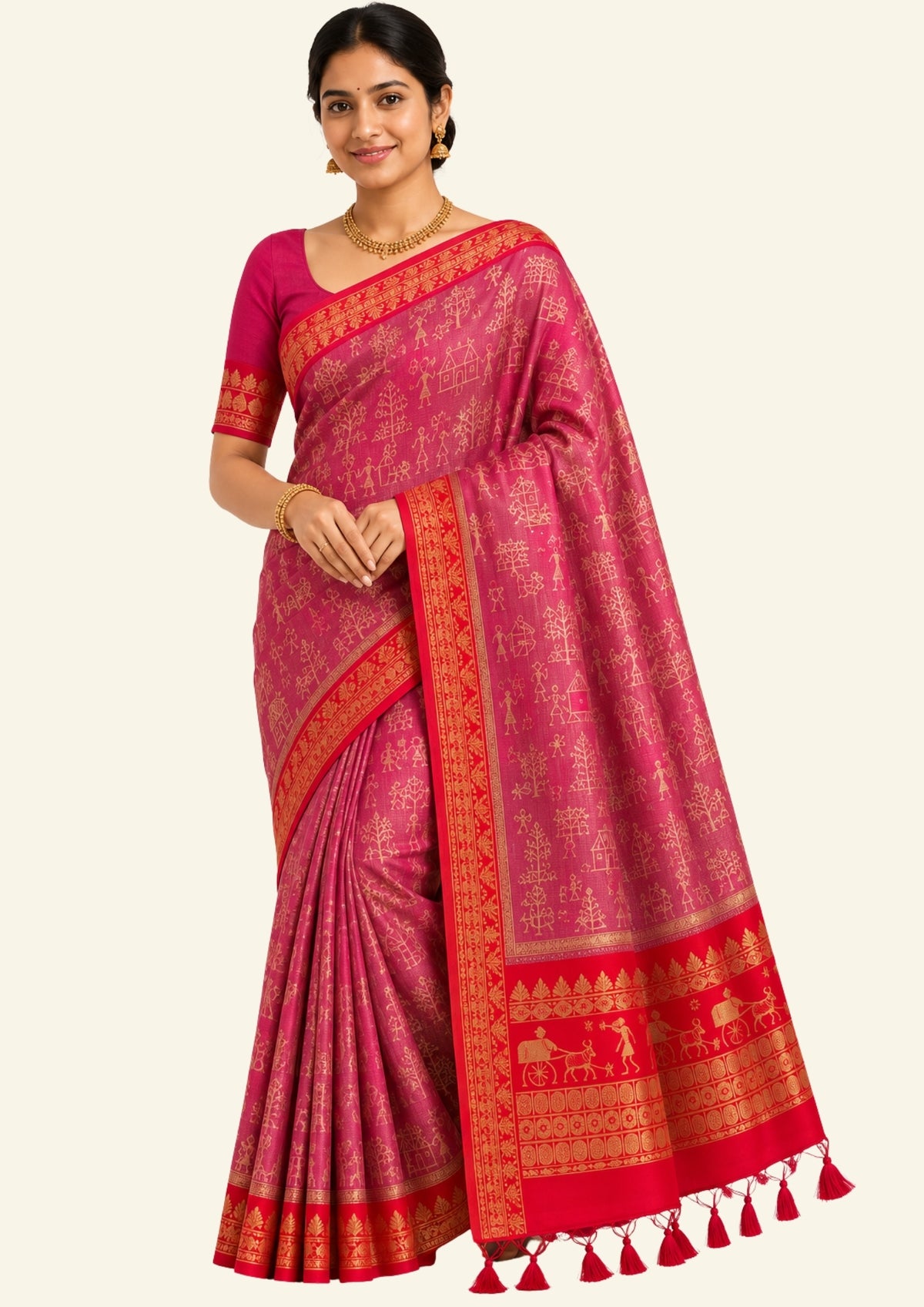 Crimson Red Stravi Silk with lavender - pink pallu and Gold Zari