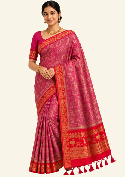 Crimson Red Stravi Silk with lavender - pink pallu and Gold Zari