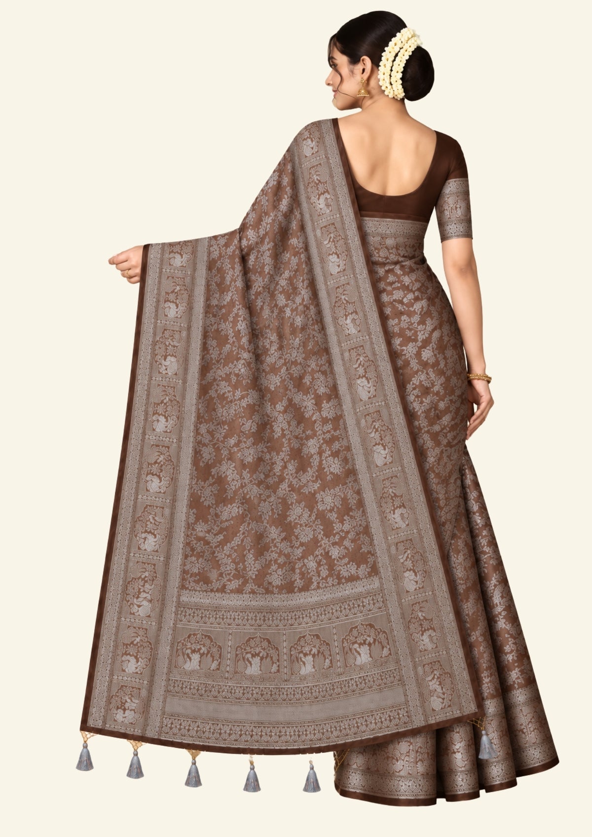 Thara Silk in Rich Chocolate Brown Base with Floral works