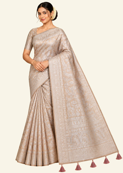 Thara Silk in Soft Champagne Beige Base with Floral works