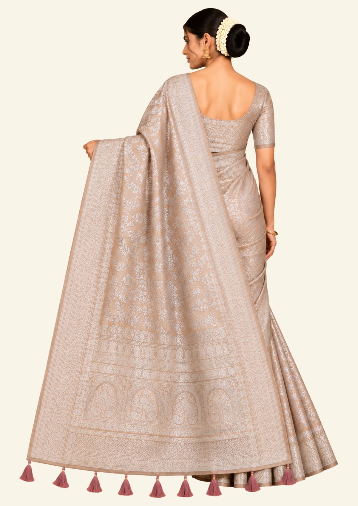 Thara Silk in Soft Champagne Beige Base with Floral works
