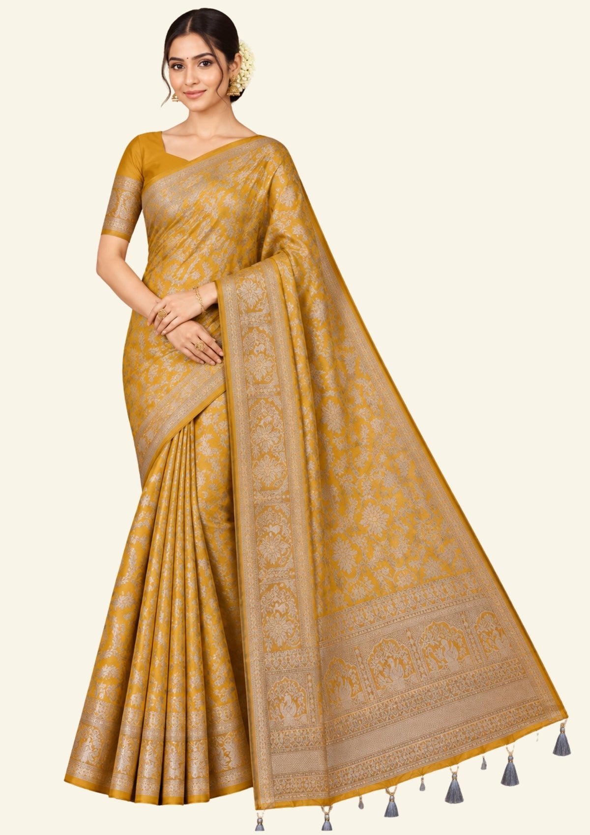 Thara Silk in Rich Mustard Yellow Base with Floral works