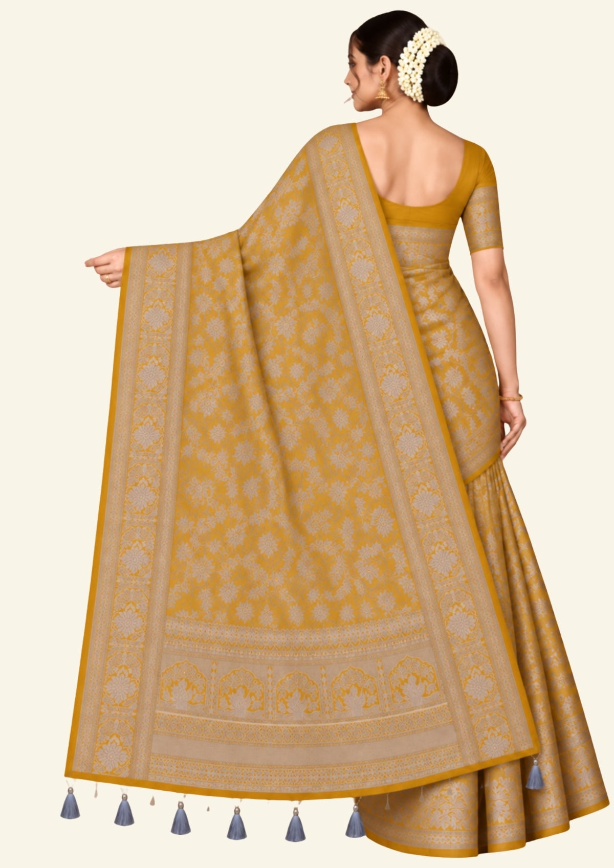 Thara Silk in Rich Mustard Yellow Base with Floral works