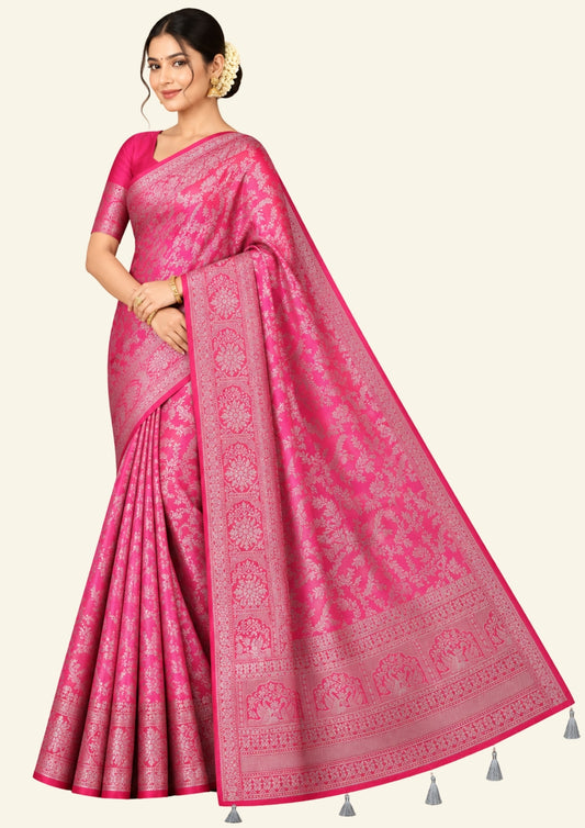 Thara Silk in Vibrant Magenta - Pink base with Floral works