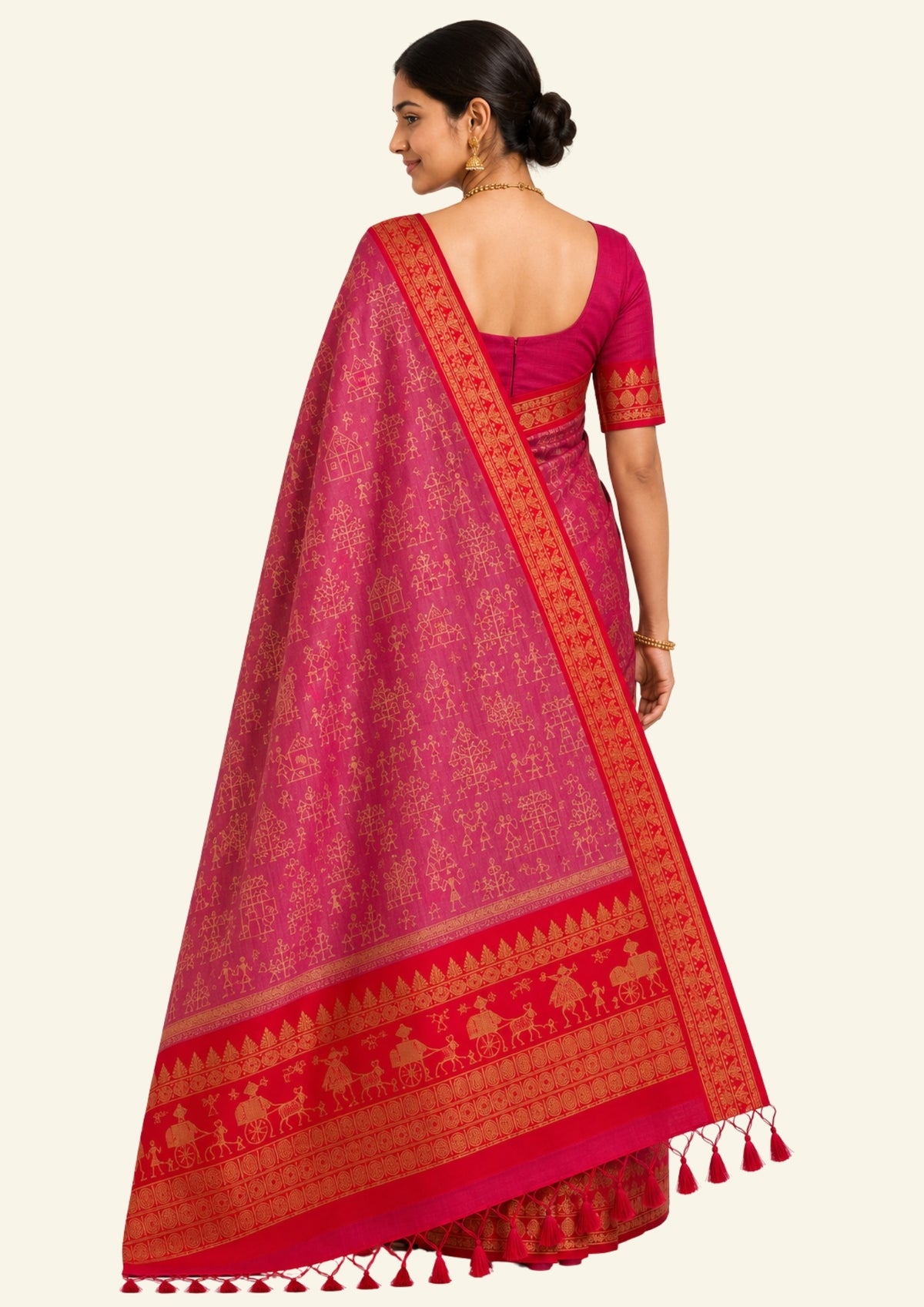 Crimson Red Stravi Silk with lavender - pink pallu and Gold Zari