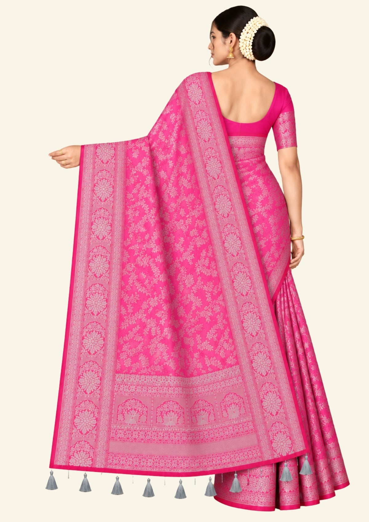 Thara Silk in Vibrant Magenta - Pink base with Floral works