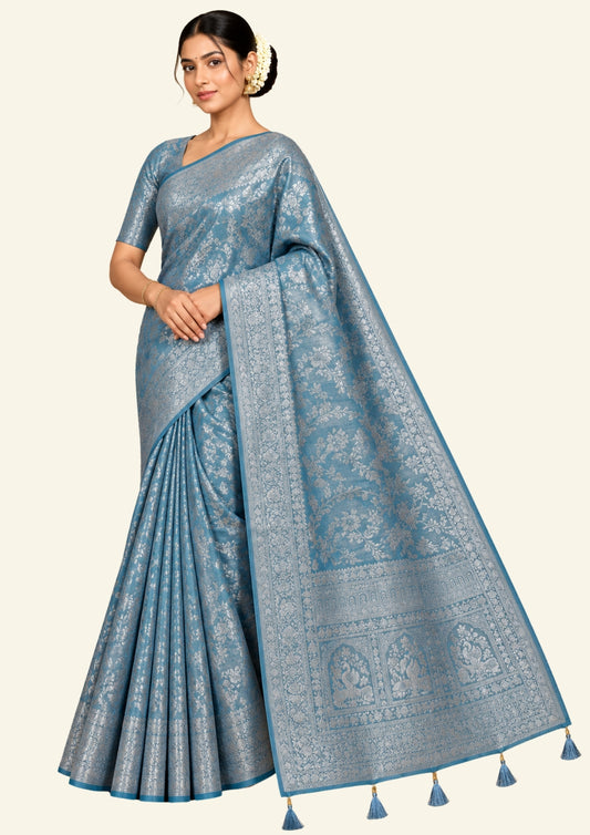 Thara Silk in Turquoise Blue Base with Floral works
